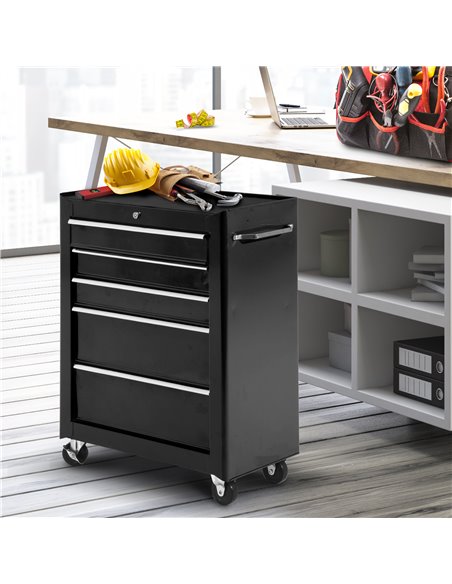 HOMCOM 5-Drawer Tool Chest, Lockable Steel Tool Storage Cabinet with Wheels and Handle Tool Box for Garage, Workshop, Black B20- - pic 111507 | FastDaddyshop