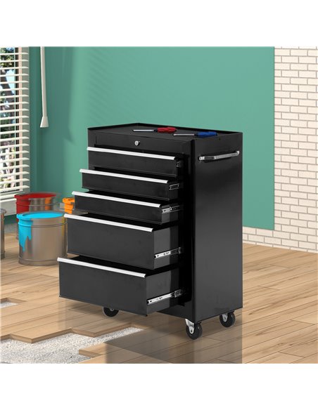 HOMCOM 5-Drawer Tool Chest, Lockable Steel Tool Storage Cabinet with Wheels and Handle Tool Box for Garage, Workshop, Black B20- - pic 111508 | FastDaddyshop