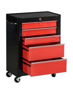 HOMCOM 5-Drawer Tool Chest, Lockable Steel Tool Storage Cabinet with Wheels and Handle Tool Box for Garage, Workshop, Red B20-00