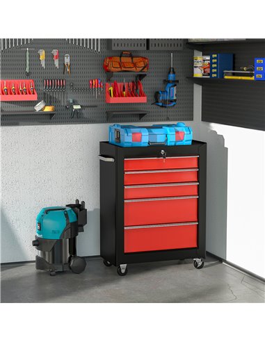 HOMCOM 5-Drawer Tool Chest, Lockable Steel Tool Storage Cabinet with Wheels and Handle Tool Box for Garage, Workshop, Red B20-00