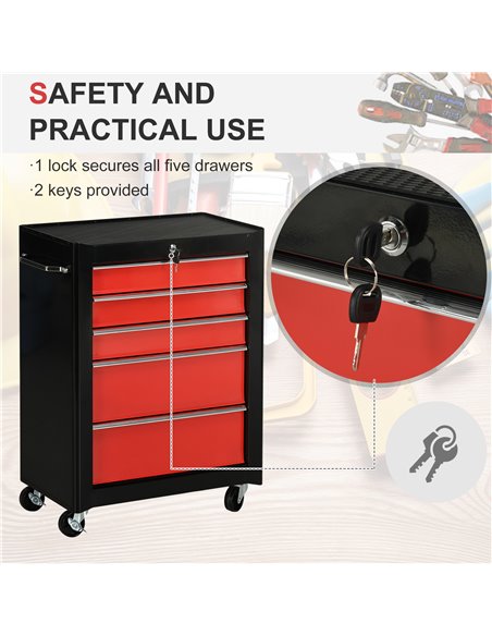 HOMCOM 5-Drawer Tool Chest, Lockable Steel Tool Storage Cabinet with Wheels and Handle Tool Box for Garage, Workshop, Red B20-00 - pic 111557 | FastDaddyshop