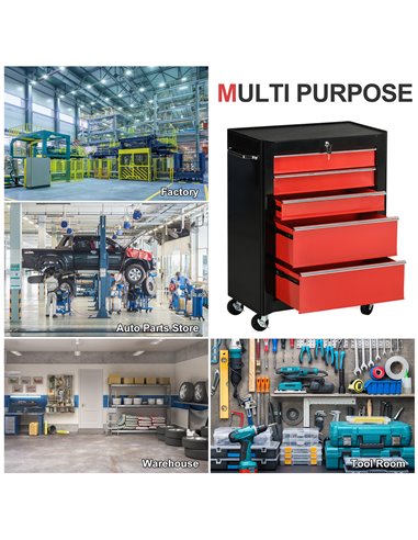 HOMCOM 5-Drawer Tool Chest, Lockable Steel Tool Storage Cabinet with Wheels and Handle Tool Box for Garage, Workshop, Red B20-00