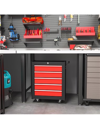 HOMCOM 5-Drawer Tool Chest with Wheels, Steel Lockable Tool Storage Cabinet with Handle, 2 Keys for Garage, Workshop, Red B20-10