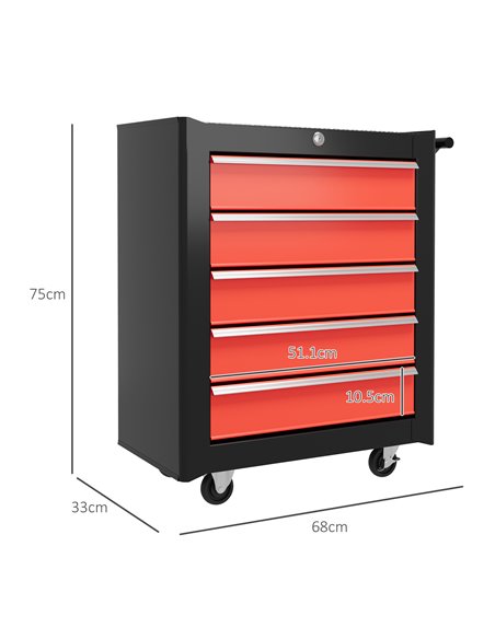 HOMCOM 5-Drawer Tool Chest with Wheels, Steel Lockable Tool Storage Cabinet with Handle, 2 Keys for Garage, Workshop, Red B20-10 - pic 111565 | FastDaddyshop