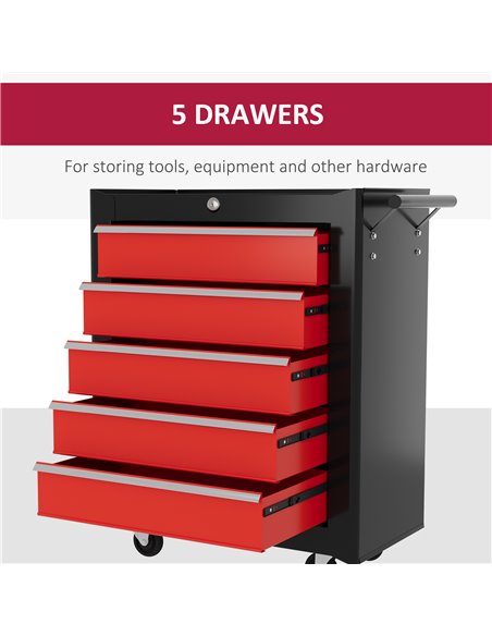 HOMCOM 5-Drawer Tool Chest with Wheels, Steel Lockable Tool Storage Cabinet with Handle, 2 Keys for Garage, Workshop, Red B20-10 - pic 111566 | FastDaddyshop