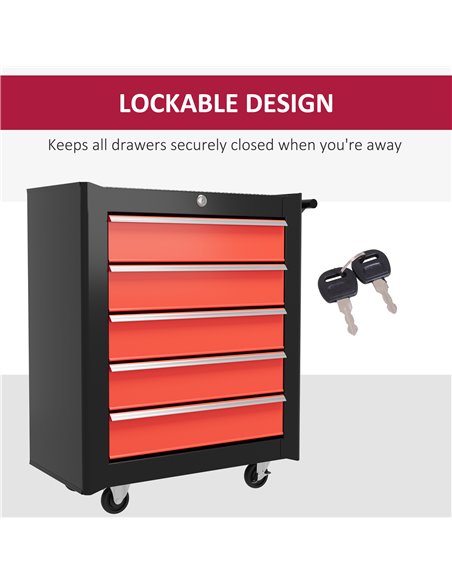 HOMCOM 5-Drawer Tool Chest with Wheels, Steel Lockable Tool Storage Cabinet with Handle, 2 Keys for Garage, Workshop, Red B20-10 - pic 111569 | FastDaddyshop