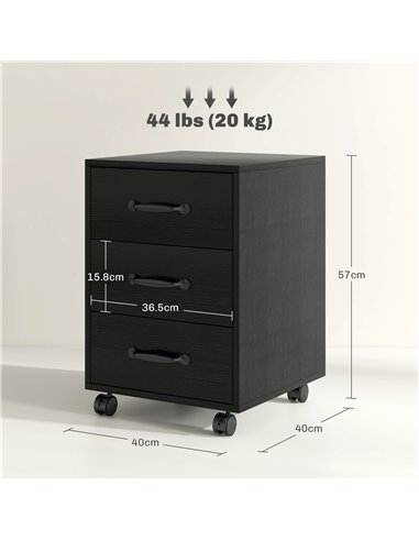 HOMCOM 3 Drawer File Cabinet, Mobile Filing Cabinet on Wheels for Home Office, Study, Black 924-029V00BK