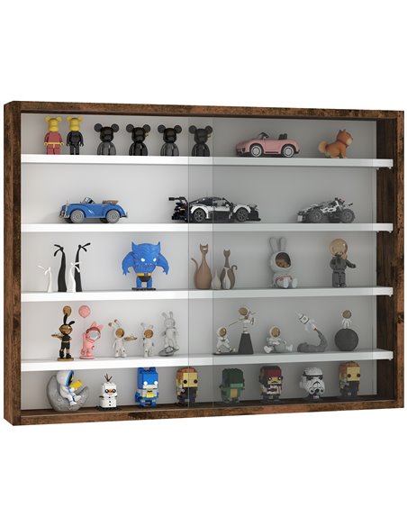 HOMCOM 5-Tier Wall Display Shelf Unit Cabinet w/ 4 Adjustable Shelves Glass Doors Home Office Ornaments 60x80cm Rustic brown 833 - pic 111662 | FastDaddyshop