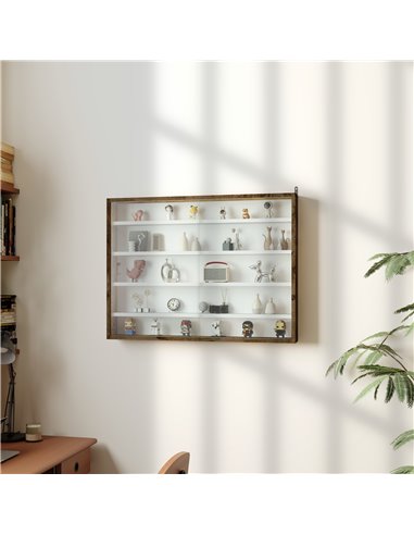 HOMCOM 5-Tier Wall Display Shelf Unit Cabinet w/ 4 Adjustable Shelves Glass Doors Home Office Ornaments 60x80cm Rustic brown 833