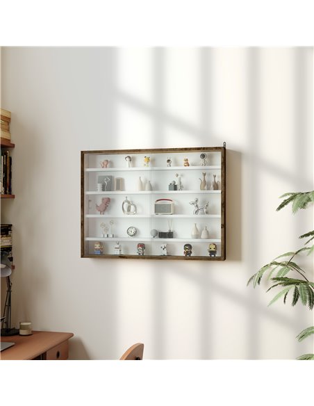 HOMCOM 5-Tier Wall Display Shelf Unit Cabinet w/ 4 Adjustable Shelves Glass Doors Home Office Ornaments 60x80cm Rustic brown 833 - pic 111663 | FastDaddyshop