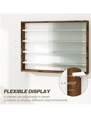 HOMCOM 5-Tier Wall Display Shelf Unit Cabinet w/ 4 Adjustable Shelves Glass Doors Home Office Ornaments 60x80cm Rustic brown 833