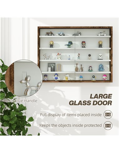 HOMCOM 5-Tier Wall Display Shelf Unit Cabinet w/ 4 Adjustable Shelves Glass Doors Home Office Ornaments 60x80cm Rustic brown 833
