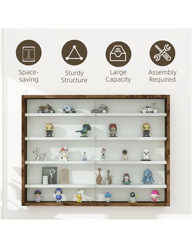 HOMCOM 5-Tier Wall Display Shelf Unit Cabinet w/ 4 Adjustable Shelves Glass Doors Home Office Ornaments 60x80cm Rustic brown 833