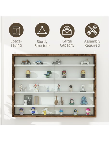 HOMCOM 5-Tier Wall Display Shelf Unit Cabinet w/ 4 Adjustable Shelves Glass Doors Home Office Ornaments 60x80cm Rustic brown 833 - pic 111667 | FastDaddyshop