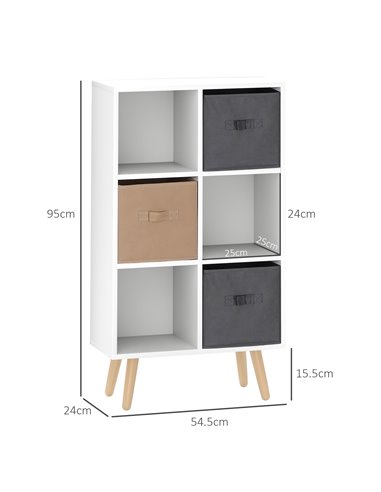 HOMCOM Freestanding 6 Cube Unit Cabinet Unit w/ 3 Fabric Drawers Handles Home Office Storage Shelves White 833-755V01WT