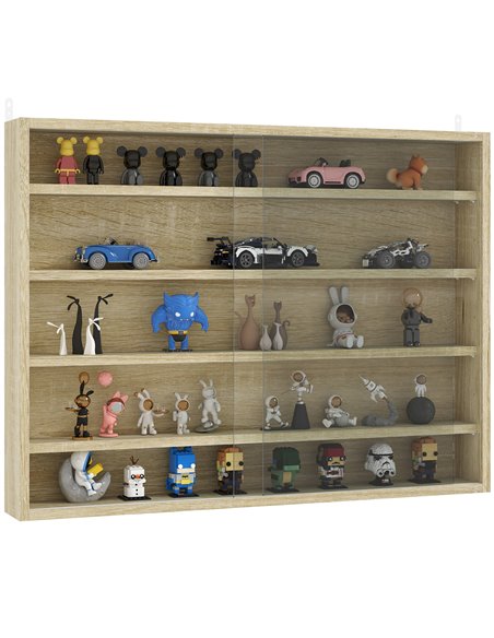 HOMCOM 5-Tier Wall Display Shelf Unit Cabinet w/ 4 Adjustable Shelves Glass Doors Home Office Ornaments 60x80cm Oak 833-761V81AK - pic 111680 | FastDaddyshop