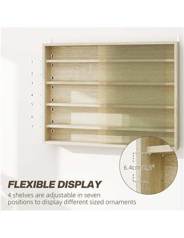 HOMCOM 5-Tier Wall Display Shelf Unit Cabinet w/ 4 Adjustable Shelves Glass Doors Home Office Ornaments 60x80cm Oak 833-761V81AK