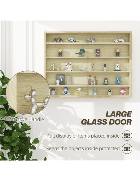 HOMCOM 5-Tier Wall Display Shelf Unit Cabinet w/ 4 Adjustable Shelves Glass Doors Home Office Ornaments 60x80cm Oak 833-761V81AK - pic 111684 | FastDaddyshop
