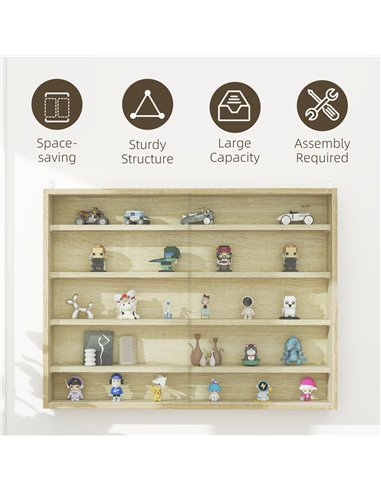 HOMCOM 5-Tier Wall Display Shelf Unit Cabinet w/ 4 Adjustable Shelves Glass Doors Home Office Ornaments 60x80cm Oak 833-761V81AK