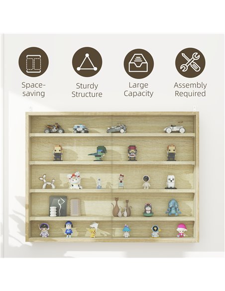 HOMCOM 5-Tier Wall Display Shelf Unit Cabinet w/ 4 Adjustable Shelves Glass Doors Home Office Ornaments 60x80cm Oak 833-761V81AK - pic 111685 | FastDaddyshop