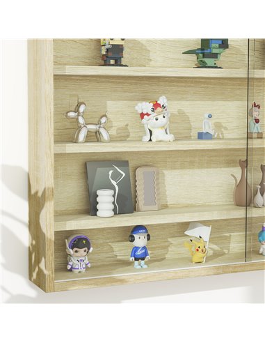 HOMCOM 5-Tier Wall Display Shelf Unit Cabinet w/ 4 Adjustable Shelves Glass Doors Home Office Ornaments 60x80cm Oak 833-761V81AK