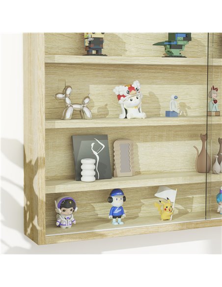 HOMCOM 5-Tier Wall Display Shelf Unit Cabinet w/ 4 Adjustable Shelves Glass Doors Home Office Ornaments 60x80cm Oak 833-761V81AK - pic 111688 | FastDaddyshop