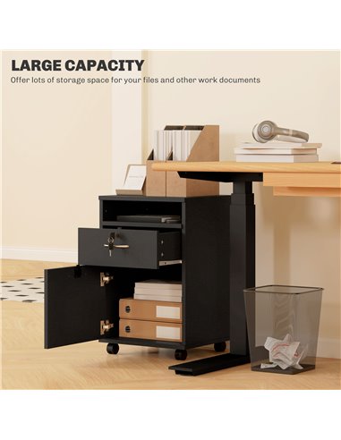 HOMCOM 60cm Filing Cabinet with Drawer, Open Shelf, Metal Handles and 4 Wheels, Office Home Organiser Mobile Printer with Two Lo