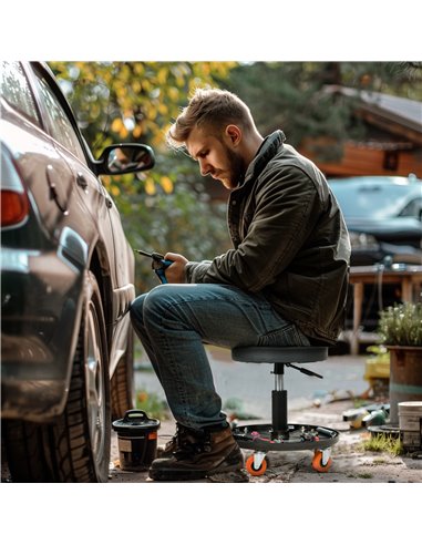 HOMCOM Workshop Stool, Pneumatic Adjustable Mechanic Stool, with Tool Tray, Wheels - Black C20-053V00BK