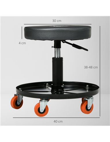 HOMCOM Workshop Stool, Pneumatic Adjustable Mechanic Stool, with Tool Tray, Wheels - Black C20-053V00BK