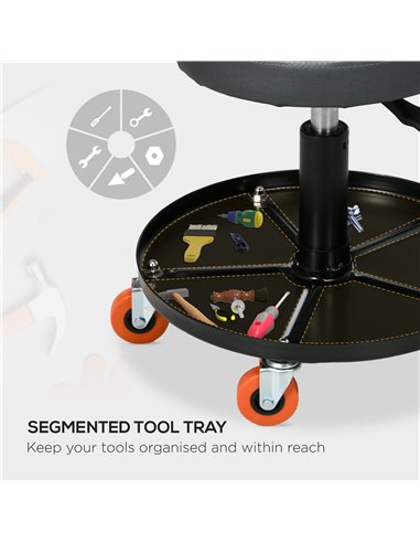 HOMCOM Workshop Stool, Pneumatic Adjustable Mechanic Stool, with Tool Tray, Wheels - Black C20-053V00BK