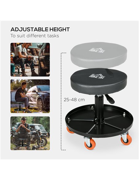 HOMCOM Workshop Stool, Pneumatic Adjustable Mechanic Stool, with Tool Tray, Wheels - Black C20-053V00BK - pic 111828 | FastDaddyshop