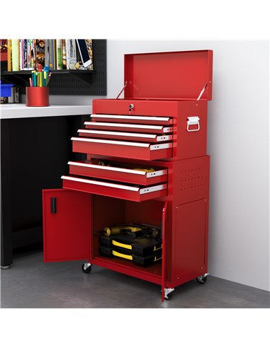 HOMCOM Portable Tool Box, Metal Tool Chest on Wheels with 6 Drawers for Garage and Workshop, Red B20-109V00RD