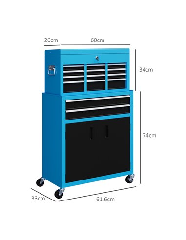 HOMCOM Portable Tool Box, Metal Tool Chest on Wheels with 6 Drawers for Garage and Workshop, Blue B20-109V00BU