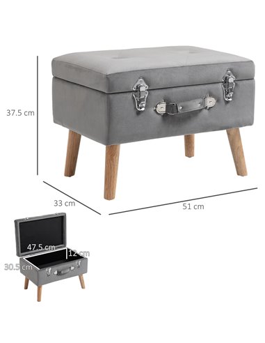 HOMCOM Elegant Velvet Footstool Pouffe Storage Trunk Stool Wood Legs Foot Pads Home Bedroom Hallyway Unique Storage Grey 838-029