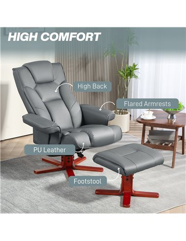 HOMCOM Faux Leather Manual Recliner and Footstool Set - Grey 83B-031V71GY