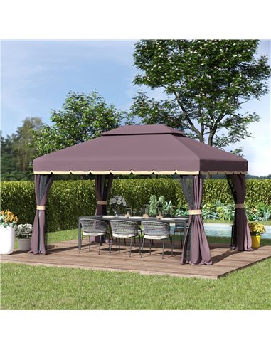 Outsunny 3 x 4m Aluminium Alloy Gazebo Marquee Canopy Pavilion Patio Garden Party Tent Shelter with Nets and Sidewalls - Coffee