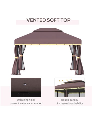 Outsunny 3 x 4m Aluminium Alloy Gazebo Marquee Canopy Pavilion Patio Garden Party Tent Shelter with Nets and Sidewalls - Coffee
