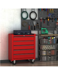 HOMCOM 5 Drawer Tool Chest on Wheels, Lockable Steel Tool Trolley with Side Handle for Workshop, Garage, Red E2-0004 2