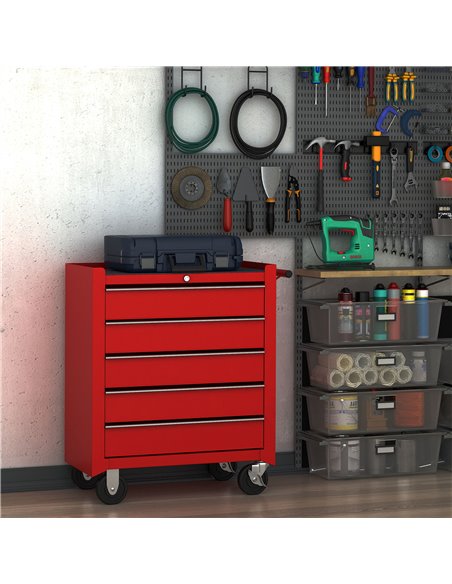 HOMCOM 5 Drawer Tool Chest on Wheels, Lockable Steel Tool Trolley with Side Handle for Workshop, Garage, Red E2-0004 - pic 112203 | FastDaddyshop