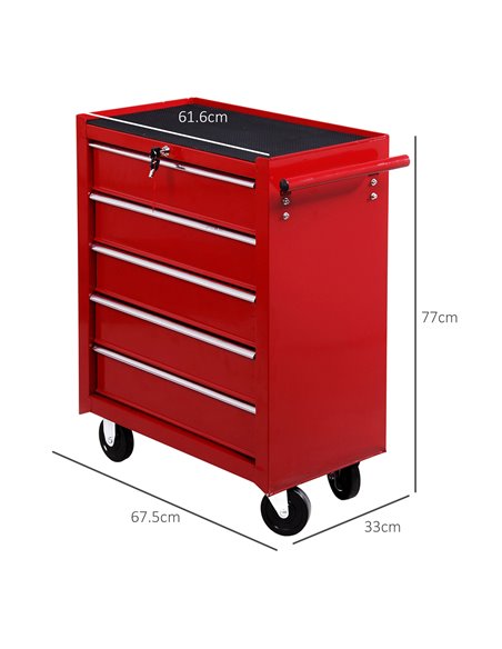 HOMCOM 5 Drawer Tool Chest on Wheels, Lockable Steel Tool Trolley with Side Handle for Workshop, Garage, Red E2-0004 - pic 112204 | FastDaddyshop