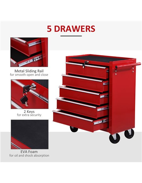 HOMCOM 5 Drawer Tool Chest on Wheels, Lockable Steel Tool Trolley with Side Handle for Workshop, Garage, Red E2-0004 - pic 112205 | FastDaddyshop