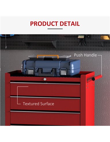 HOMCOM 5 Drawer Tool Chest on Wheels, Lockable Steel Tool Trolley with Side Handle for Workshop, Garage, Red E2-0004