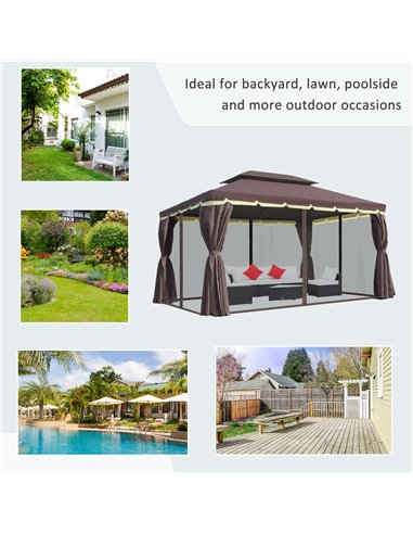 Outsunny 3 x 4m Aluminium Alloy Gazebo Marquee Canopy Pavilion Patio Garden Party Tent Shelter with Nets and Sidewalls - Coffee