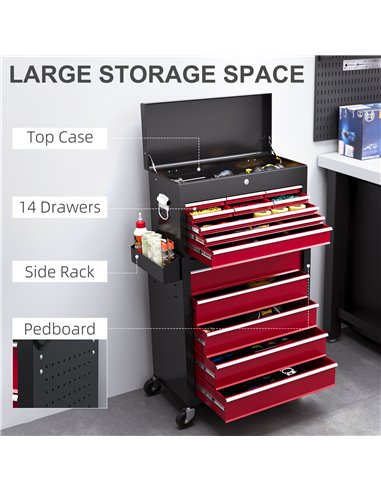 HOMCOM 19 Drawer, Two-Part Tool Storage Chest on Wheels - Red B20-108V00RD