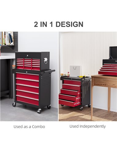 HOMCOM 19 Drawer, Two-Part Tool Storage Chest on Wheels - Red B20-108V00RD