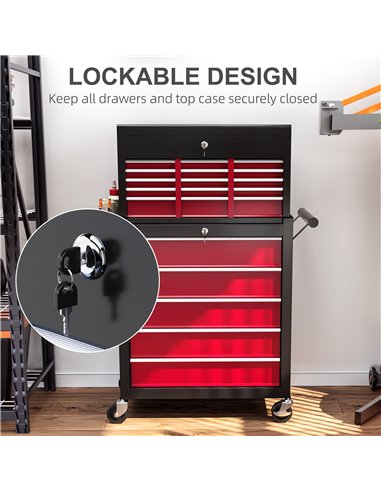 HOMCOM 19 Drawer, Two-Part Tool Storage Chest on Wheels - Red B20-108V00RD