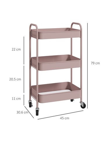 HOMCOM Three-Tier Steel Storage Trolley - Pink 850-292V00PK