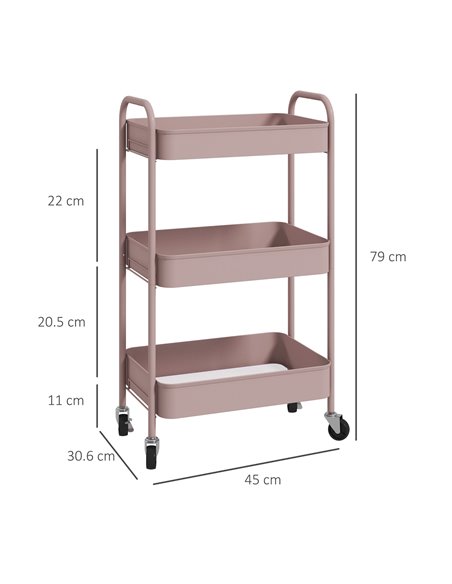 HOMCOM Three-Tier Steel Storage Trolley - Pink 850-292V00PK - pic 112321 | FastDaddyshop