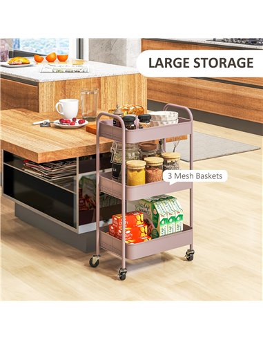 HOMCOM Three-Tier Steel Storage Trolley - Pink 850-292V00PK