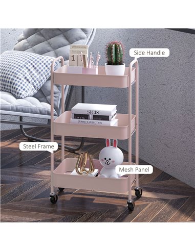HOMCOM Three-Tier Steel Storage Trolley - Pink 850-292V00PK
